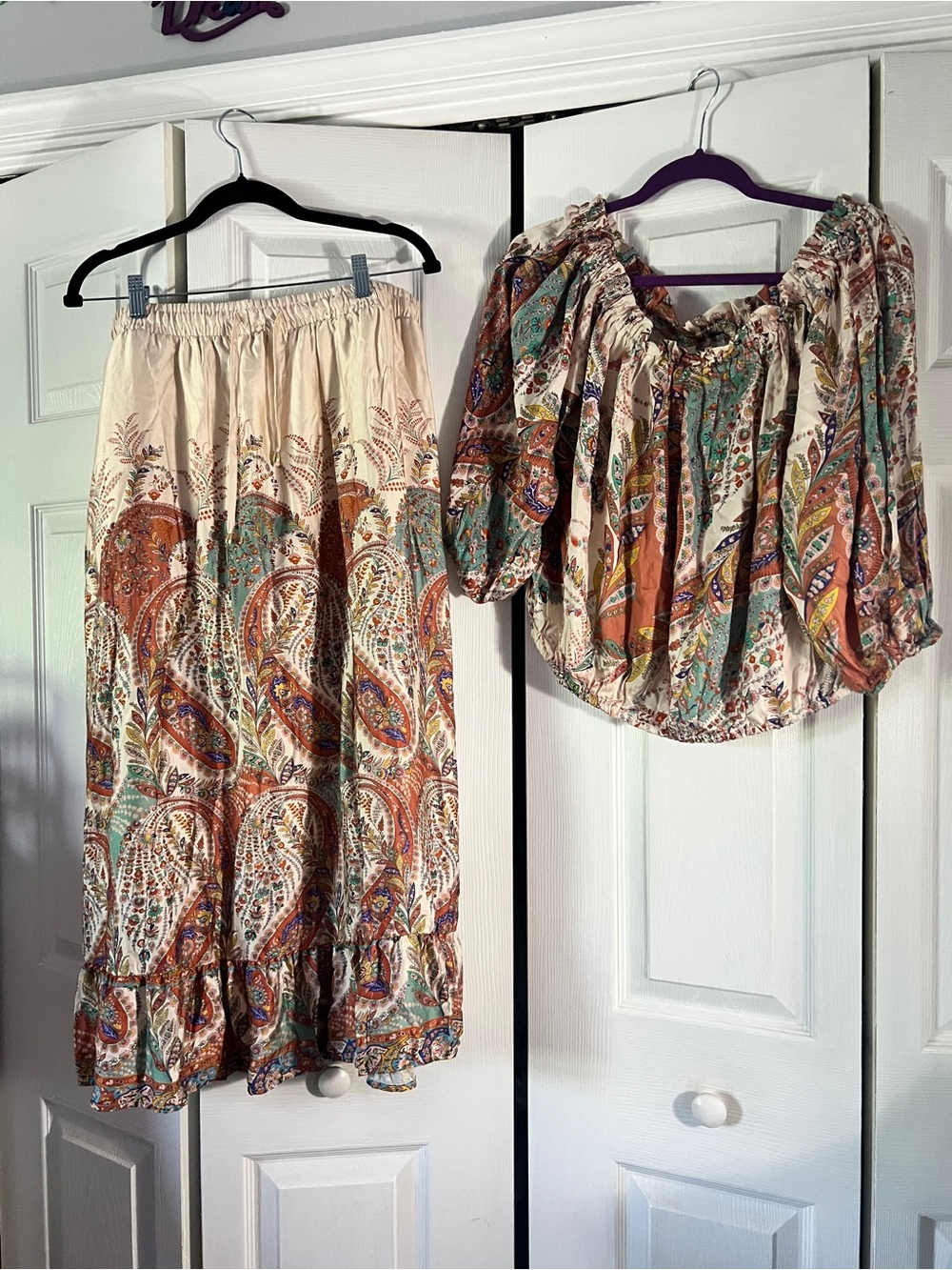 Joie Cream Paisley Maxi Skirt with Rust and Teal Accents